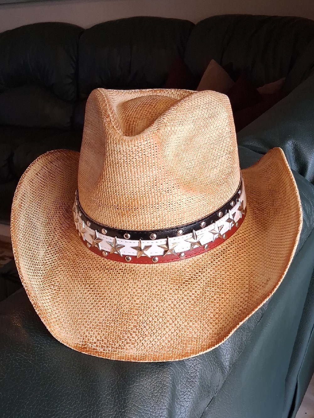 Peter Grimm Straw Cowboy Hat with Star Studded Leather Band In Red,White & Blue.
